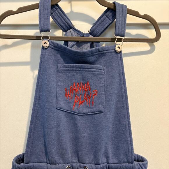 Chucky Halloween Horror Nights Overalls Womens XS Blue Shortalls Embroidered - Picture 7 of 14